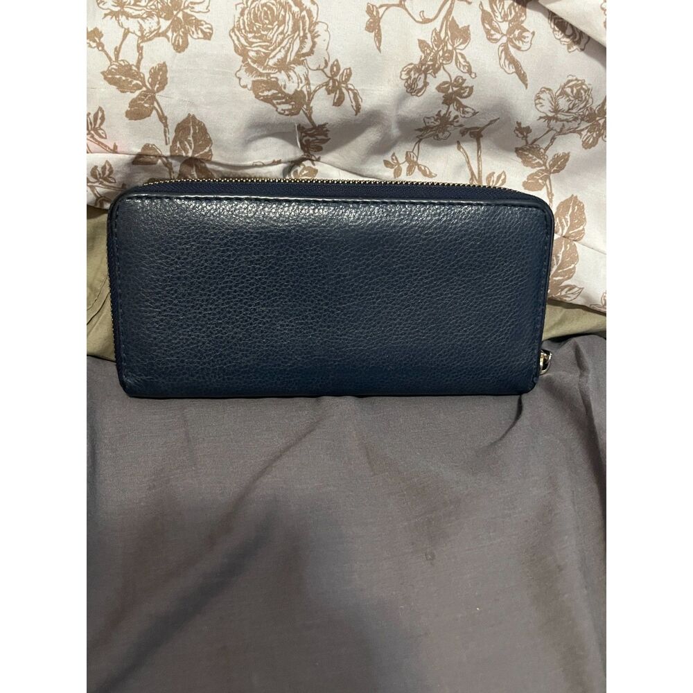 Michael Kors Navy Blue Leather Zip Around Wallet Gold Plate Logo - Picture 4 of 5